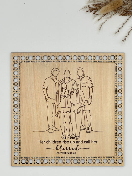 One Line Family Portrait – Engraved Rattan Wood Sign
