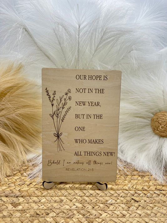 Christian Wood Engraved Wildflower Sign – Revelation 21:5