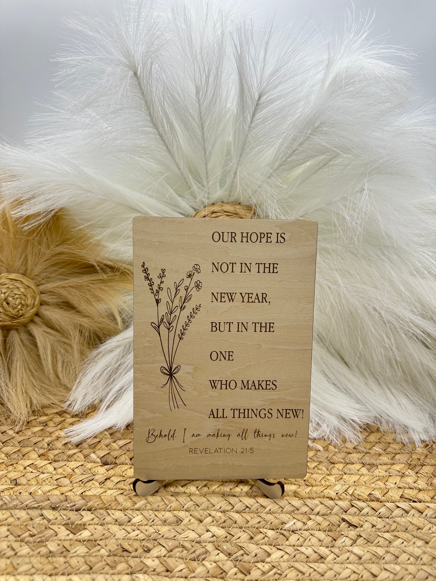 Christian Wood Engraved Wildflower Sign | Revelation 21:5 Scripture Wall Art, Rustic Christian Home Décor & Inspirational Faith Sign