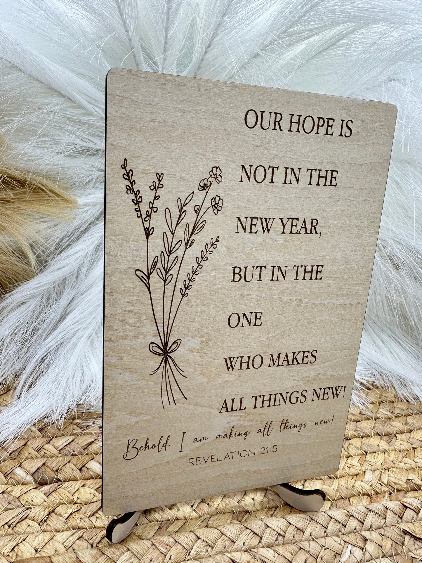 Christian Wood Engraved Wildflower Sign | Revelation 21:5 Scripture Wall Art, Rustic Christian Home Décor & Inspirational Faith Sign