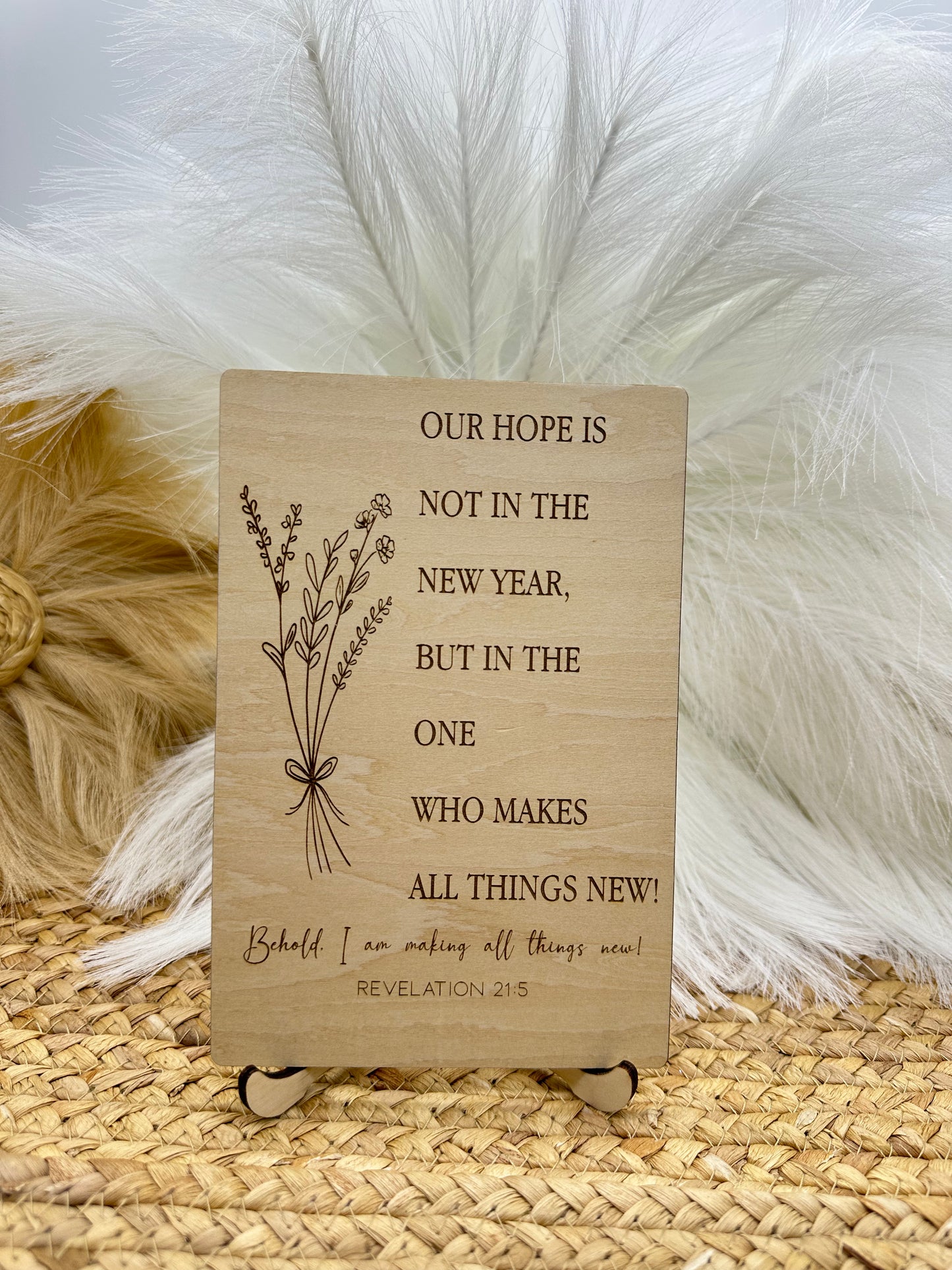 Christian Wood Engraved Wildflower Sign | Revelation 21:5 Scripture Wall Art, Rustic Christian Home Décor & Inspirational Faith Sign