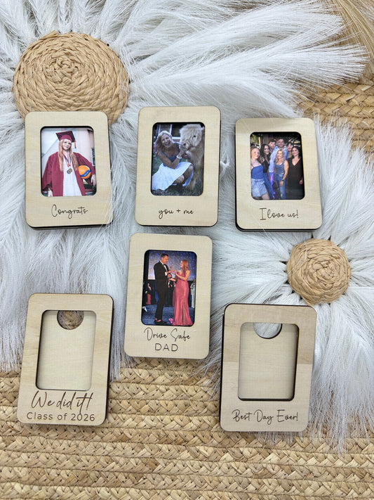 Wallet Size Instant Photo Frame Magnet | Personalized Engraved Mini Wooden Photo Frame | Wedding Favor, Graduation Gift, Drive Safe Frame