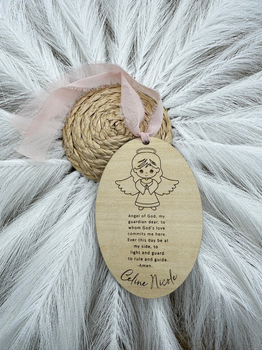 Personalized Guardian Angel Charm | Nursery Wall Decor, Catholic Prayer Wood Charm, Baptism & First Communion Keepsake