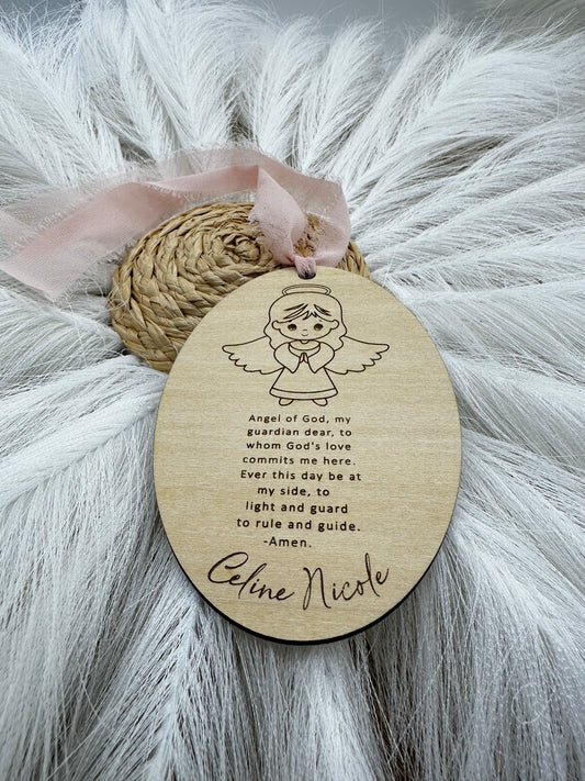 Personalized Guardian Angel Charm | Nursery Wall Decor, Catholic Prayer Wood Charm, Baptism & First Communion Keepsake