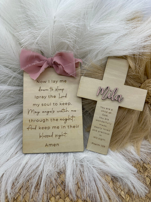 Christian Nursery Gift Bundle | Prayer Wood Sign & Child of God Cross, Baptism & Baby Shower Gift Set