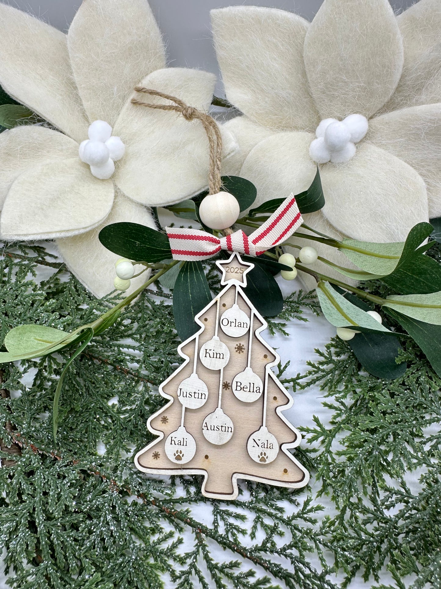 Personalized Rustic Wood Christmas Tree Ornament | Custom Family Name Holiday Decoration | Handmade Wooden Xmas Keepsake