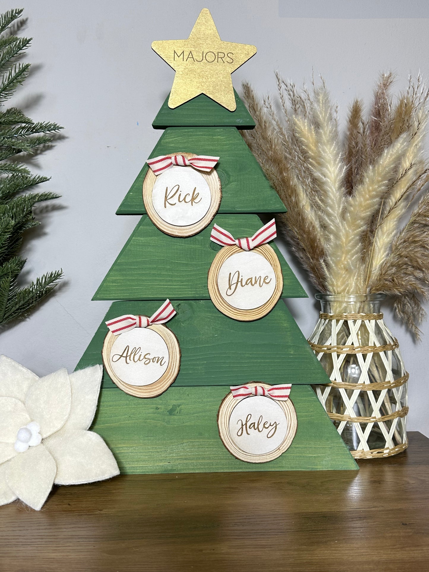 Wood Plank Tabletop Christmas Tree with Ornaments | Rustic Holiday Decor | Personalized Farmhouse Christmas Tree