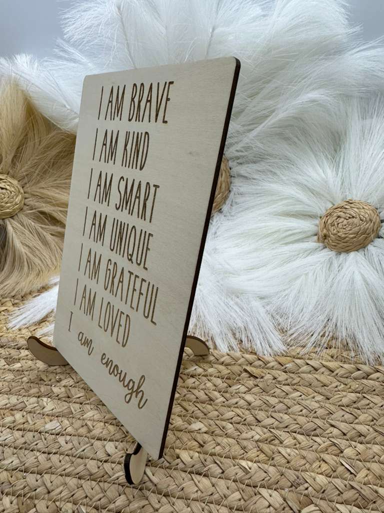 I Am Enough Wood Sign | Inspirational Affirmation Decor, Motivational Desk Sign, Self-Love Quote Engraved Sign
