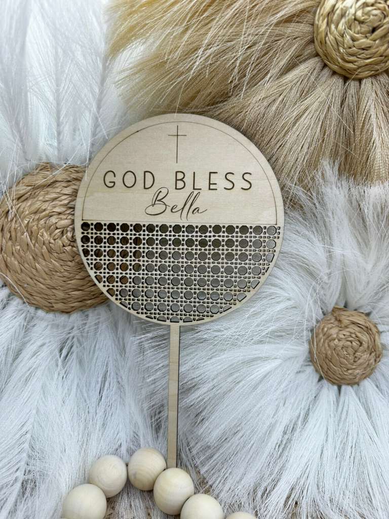 Personalized Round Wood Rattan Cake Topper | Custom Baptism, First Communion & Confirmation Cake Sign | Engraved Christian Topper for Faith Celebrations