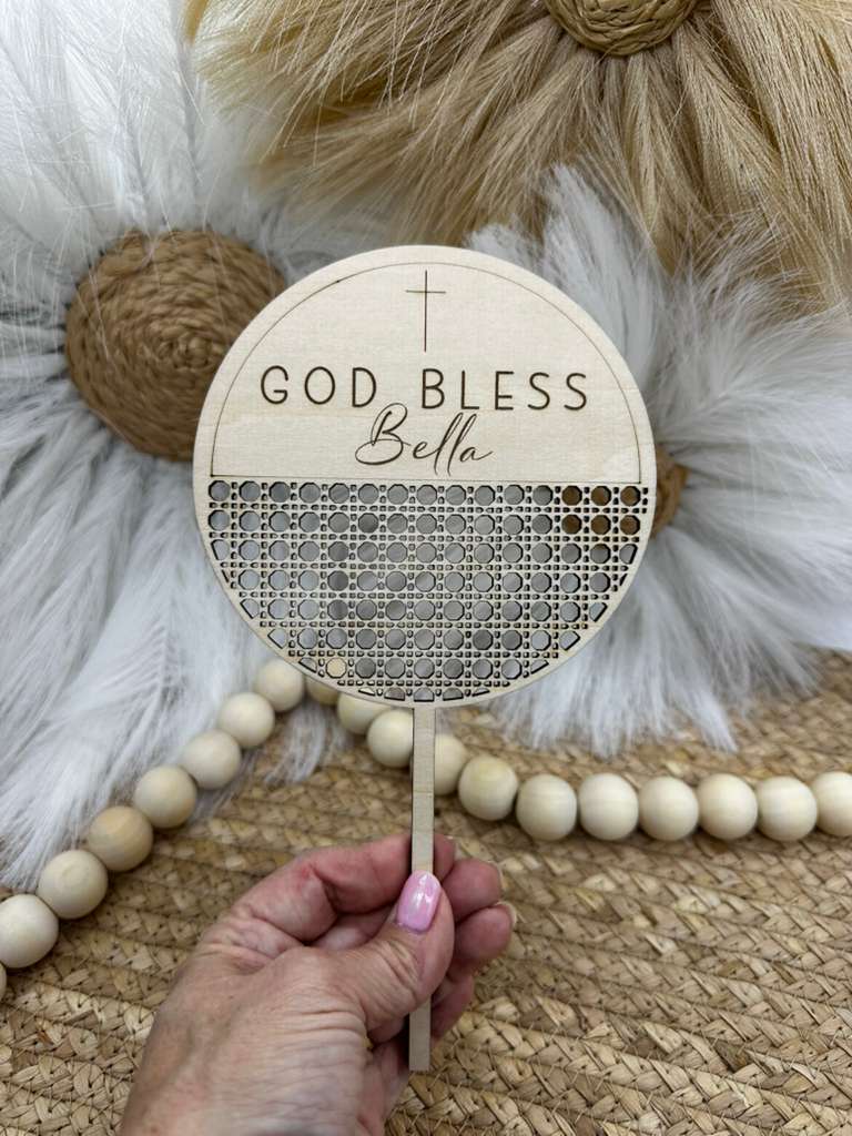 Personalized Round Wood Rattan Cake Topper | Custom Baptism, First Communion & Confirmation Cake Sign | Engraved Christian Topper for Faith Celebrations