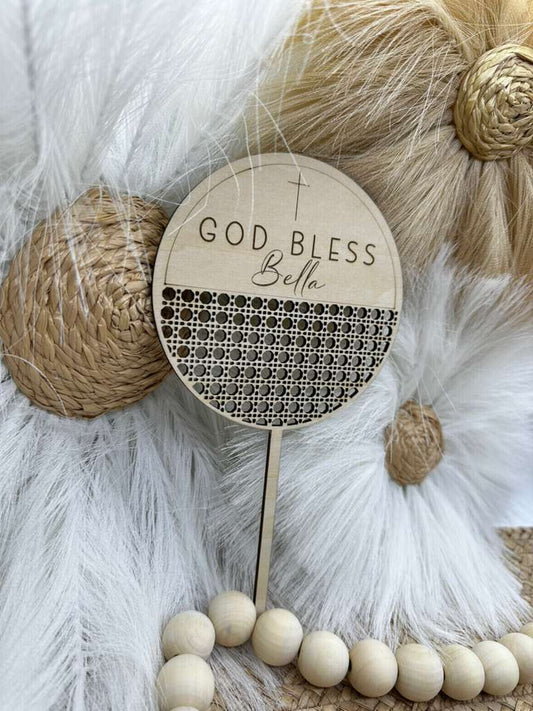 Personalized Round Wood Rattan Cake Topper | Custom Baptism, First Communion & Confirmation Cake Sign | Engraved Christian Topper for Faith Celebrations