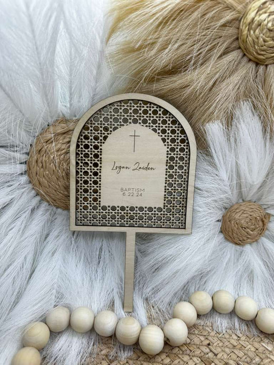 Personalized Arch Wood Rattan Cake Topper | Custom Baptism, First Communion & Confirmation Cake Sign | Engraved Christian Topper for Religious Celebrations