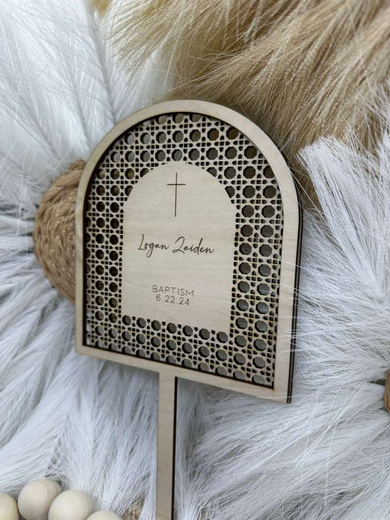 Personalized Arch Wood Rattan Cake Topper | Custom Baptism, First Communion & Confirmation Cake Sign | Engraved Christian Topper for Religious Celebrations