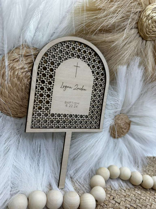 Personalized Arch Wood Rattan Cake Topper | Custom Baptism, First Communion & Confirmation Cake Sign | Engraved Christian Topper for Religious Celebrations