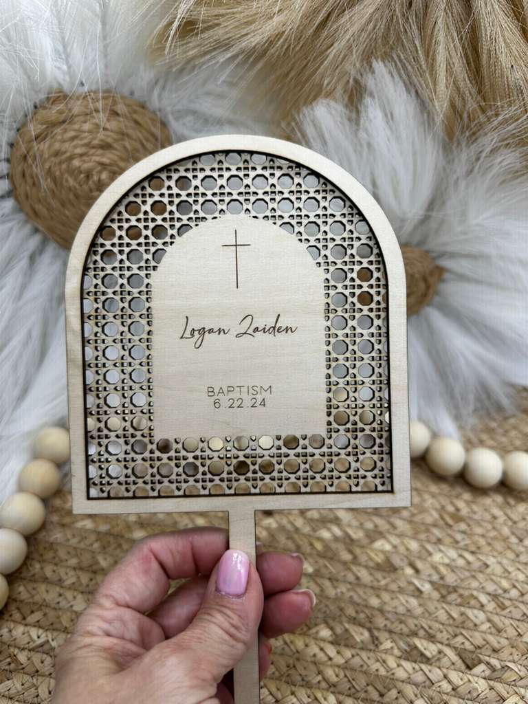 Personalized Arch Wood Rattan Cake Topper | Custom Baptism, First Communion & Confirmation Cake Sign | Engraved Christian Topper for Religious Celebrations