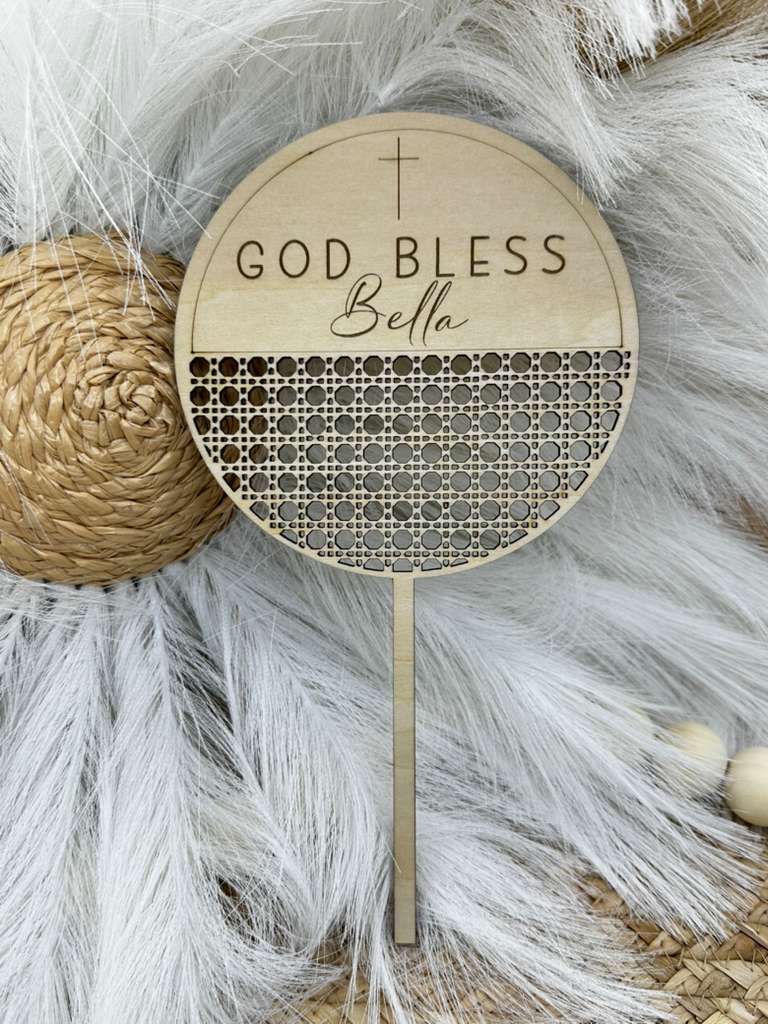 Personalized Round Wood Rattan Cake Topper | Custom Baptism, First Communion & Confirmation Cake Sign | Engraved Christian Topper for Faith Celebrations