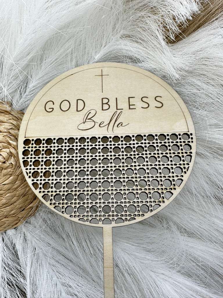Personalized Round Wood Rattan Cake Topper | Custom Baptism, First Communion & Confirmation Cake Sign | Engraved Christian Topper for Faith Celebrations