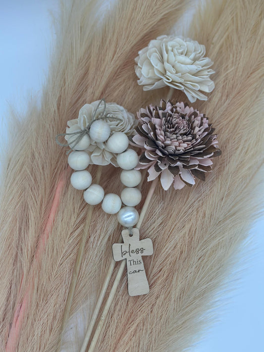 Wood Car Rosary: "God Bless This Car" Rearview Mirror Charm