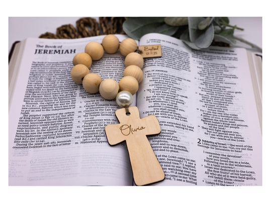 Personalized Wood Bead Decade Rosary: Catholic Prayer Beads, Baptism Gift