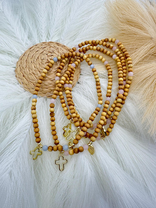 Olive Wood Rosary Wrap Bracelet: Rose Quartz or Aquamarine, Miraculous Mary Charm