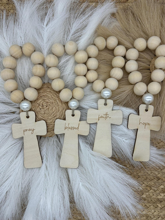 Wood Bead Rosary: Faith Prayer Beads with Wood Cross