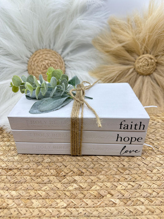 Faith Hope Love Bible Book Stack: Farmhouse Decor with Greenery