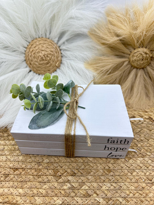 Faith Hope Love Bible Book Stack: Farmhouse Decor with Greenery