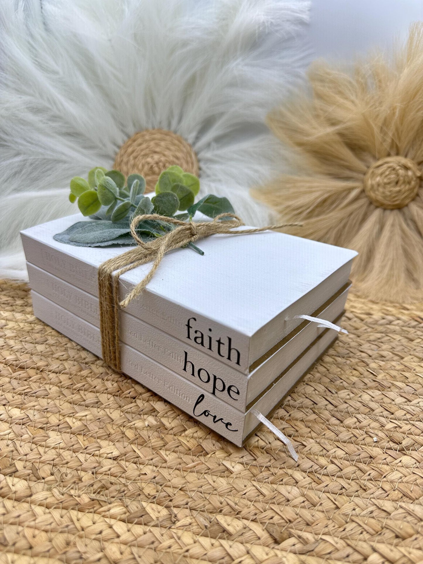 Faith Hope Love Bible Book Stack: Farmhouse Decor with Greenery