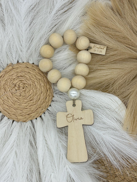 Personalized Wood Bead Decade Rosary: Catholic Prayer Beads, Baptism Gift